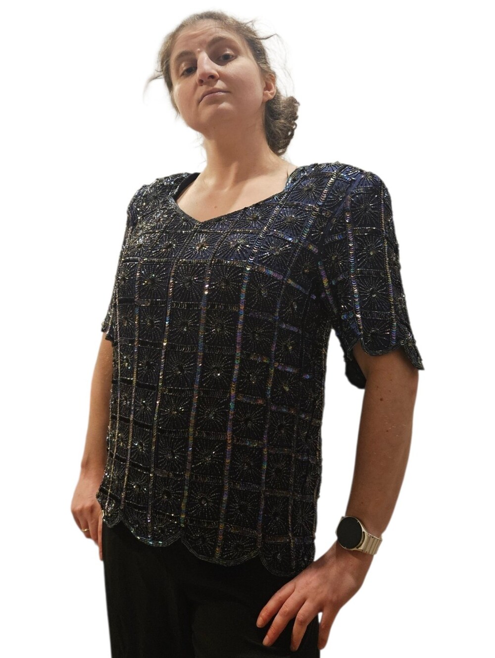 Eve's Allure 1980s Vintage  Midnight Blue Beaded Scallop Hem Short Sleeve Top